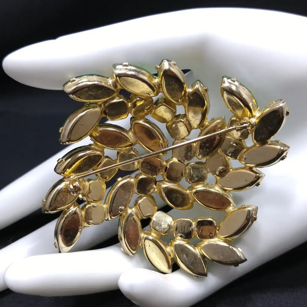 Green Aurora Borealis Rhinestone Brooch, Gold Plated, 1960s Vintage Jewelry